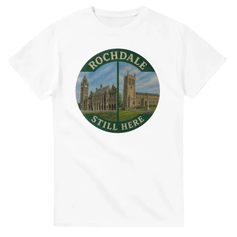 Painted, panelled scenic illustration for Rochdale, with paired local scenes and the place name in lettering.