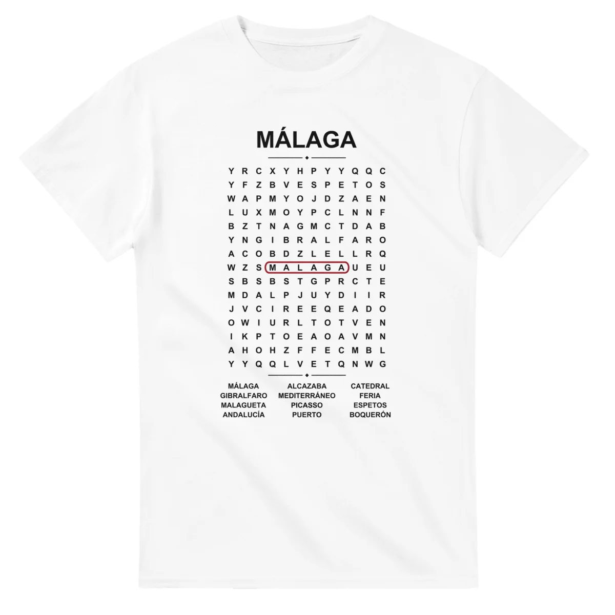 Word-search sheet for Málaga, with a large place-name heading, a letter grid, a local answer list, and a red highlighted example word.