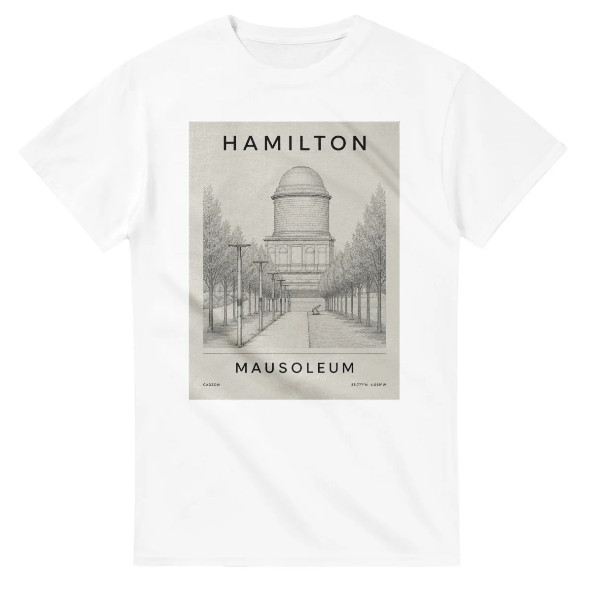 Fine-line engraving-style drawing for Hamilton, with a landmark caption and small coordinate text.