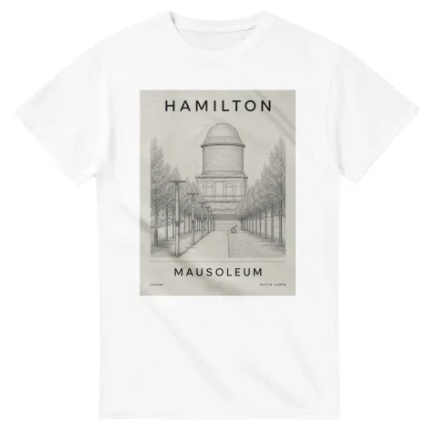Fine-line engraving-style drawing for Hamilton, with a landmark caption and small coordinate text.