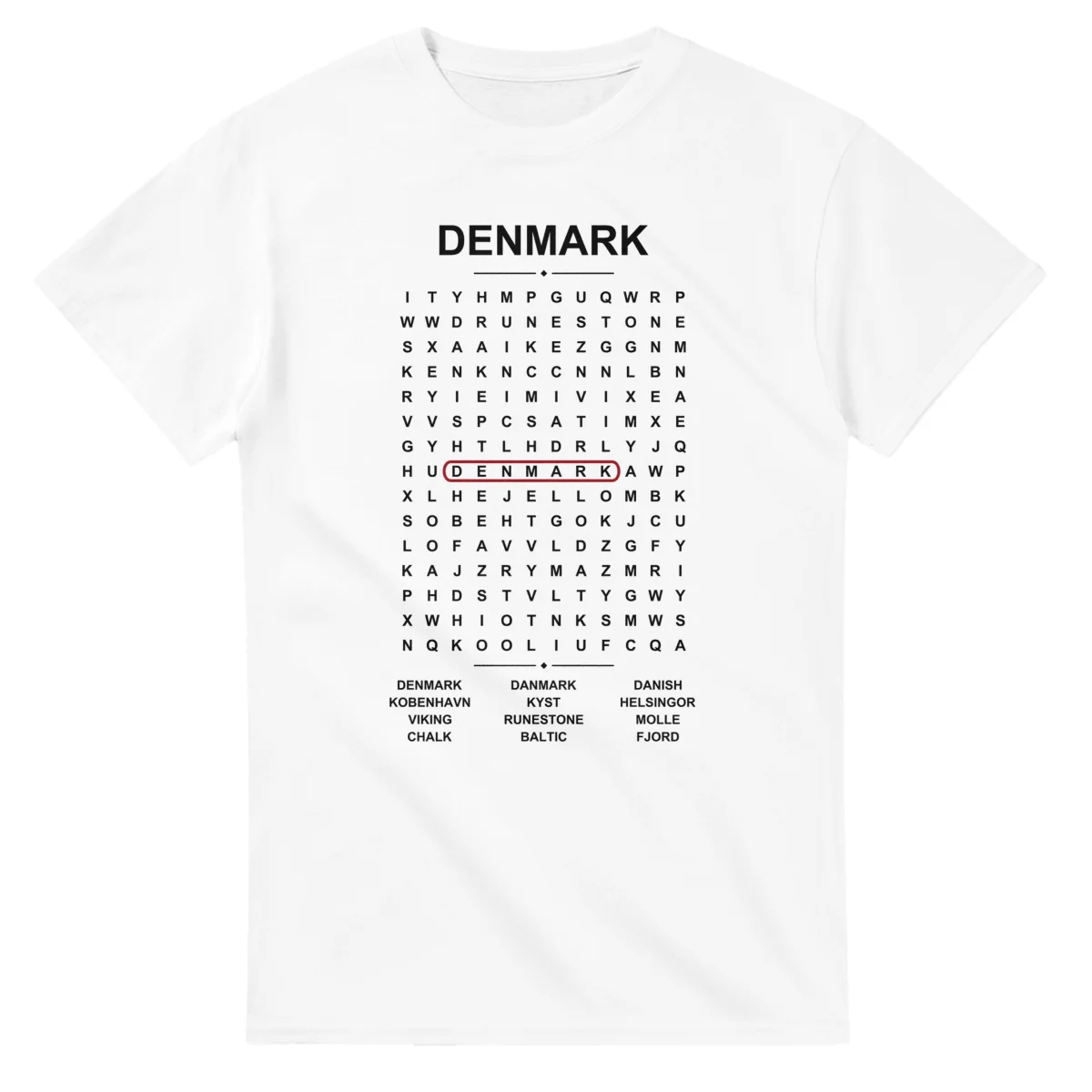 Word-search sheet for Denmark, with a large place-name heading, a letter grid, a local answer list, and a red highlighted example word.