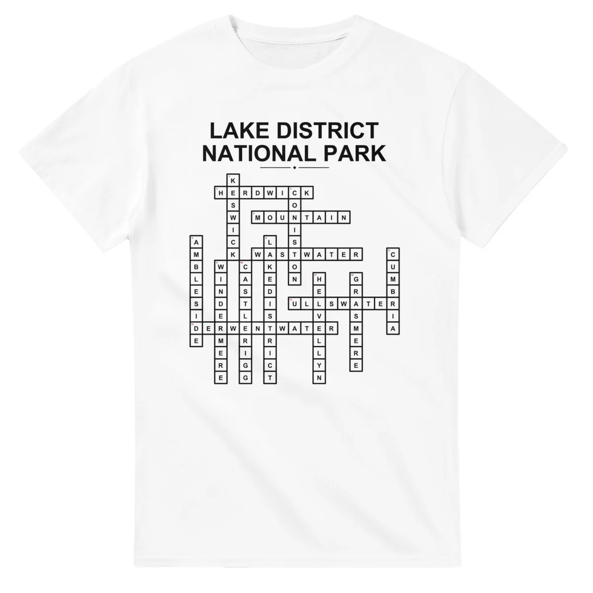 Monochrome crossword sheet for Lake District National Park, with a large place-name heading, a letter grid, and numbered across and down clues.