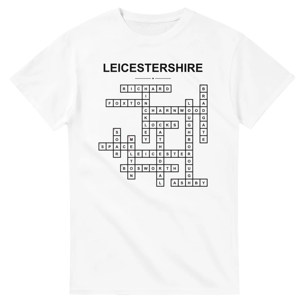 Monochrome crossword sheet for Leicestershire, with a large place-name heading, a letter grid, and numbered across and down clues.