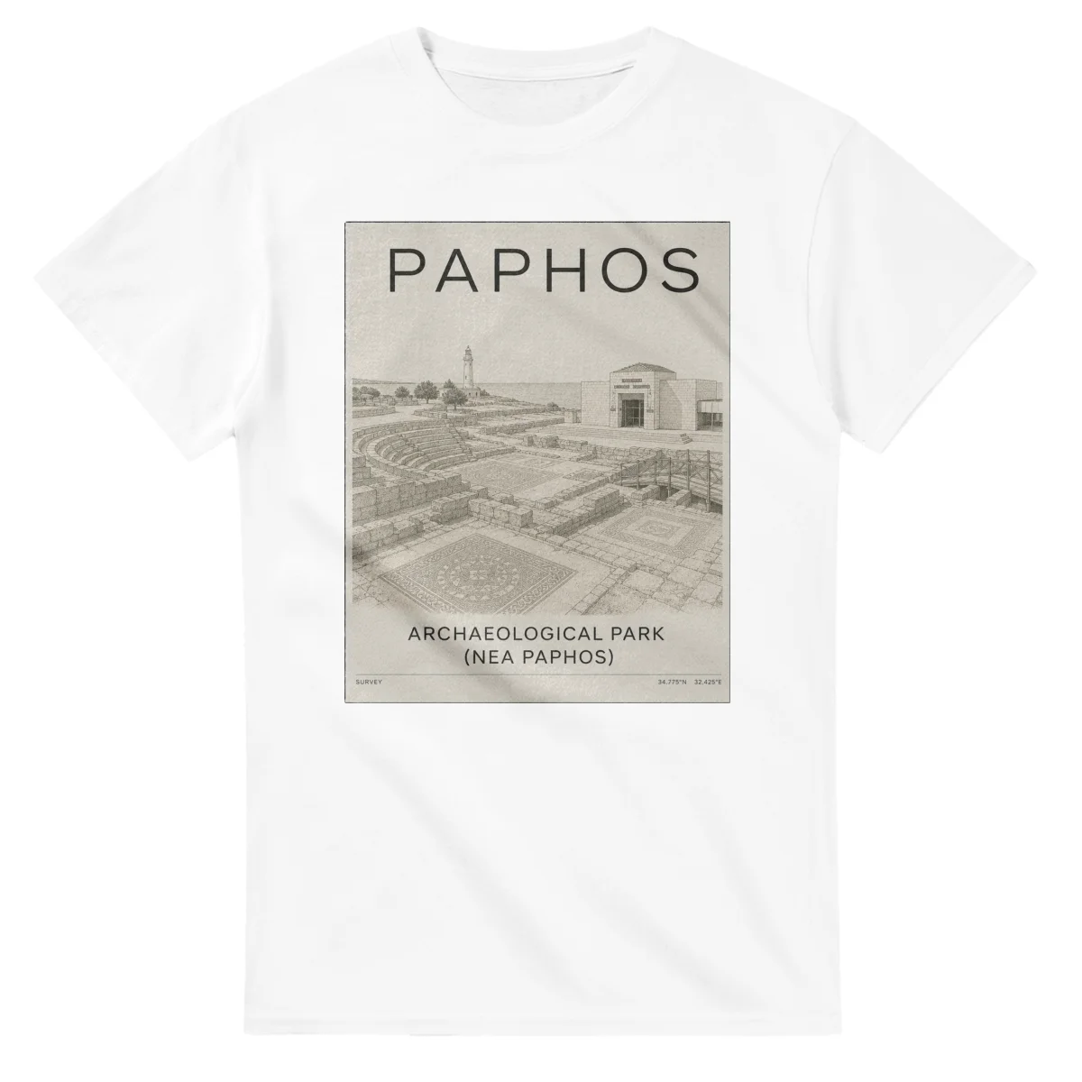 Fine-line engraving-style drawing for Paphos, with a landmark caption and small coordinate text.