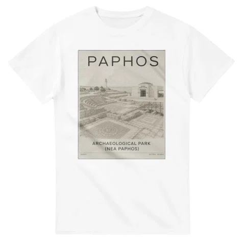 Fine-line engraving-style drawing for Paphos, with a landmark caption and small coordinate text.