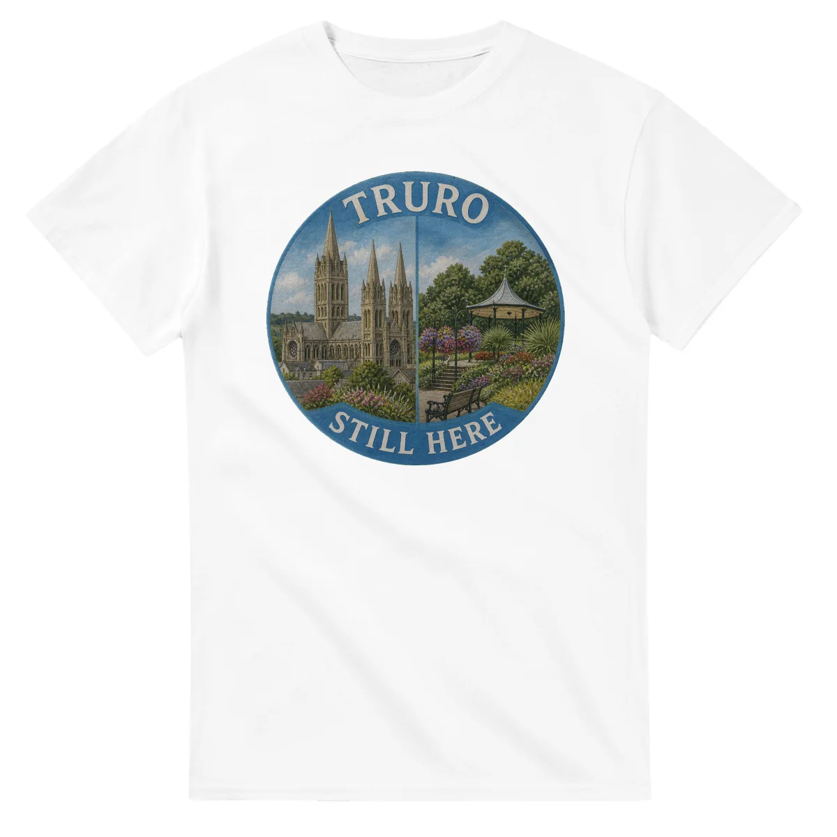 Painted, panelled scenic illustration for Truro, with paired local scenes and the place name in lettering.