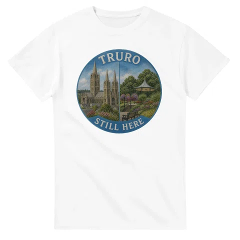 Painted, panelled scenic illustration for Truro, with paired local scenes and the place name in lettering.