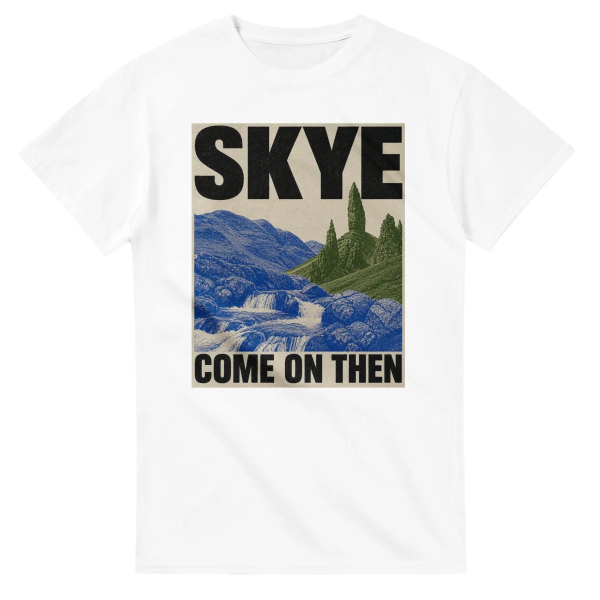 Two-colour scenic illustration for Skye, with the place name and COME ON THEN lettering.