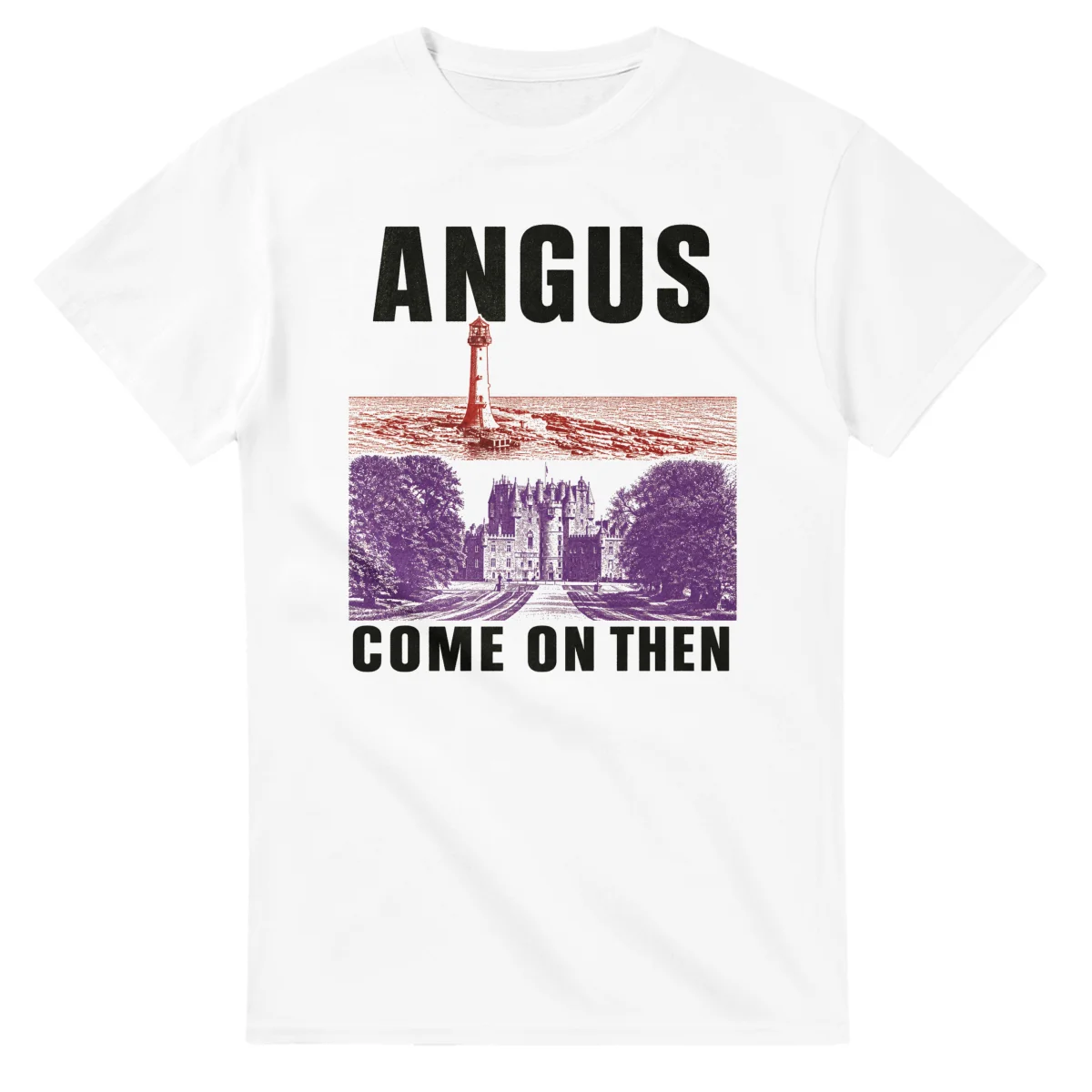 Two-colour scenic illustration for Angus, with the place name and COME ON THEN lettering.