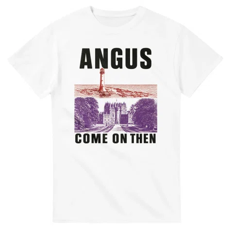 Two-colour scenic illustration for Angus, with the place name and COME ON THEN lettering.