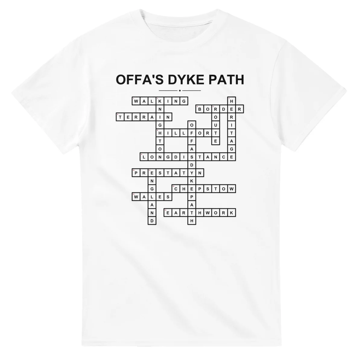 Monochrome crossword sheet for Offa's Dyke Path, with a large place-name heading, a letter grid, and numbered across and down clues.