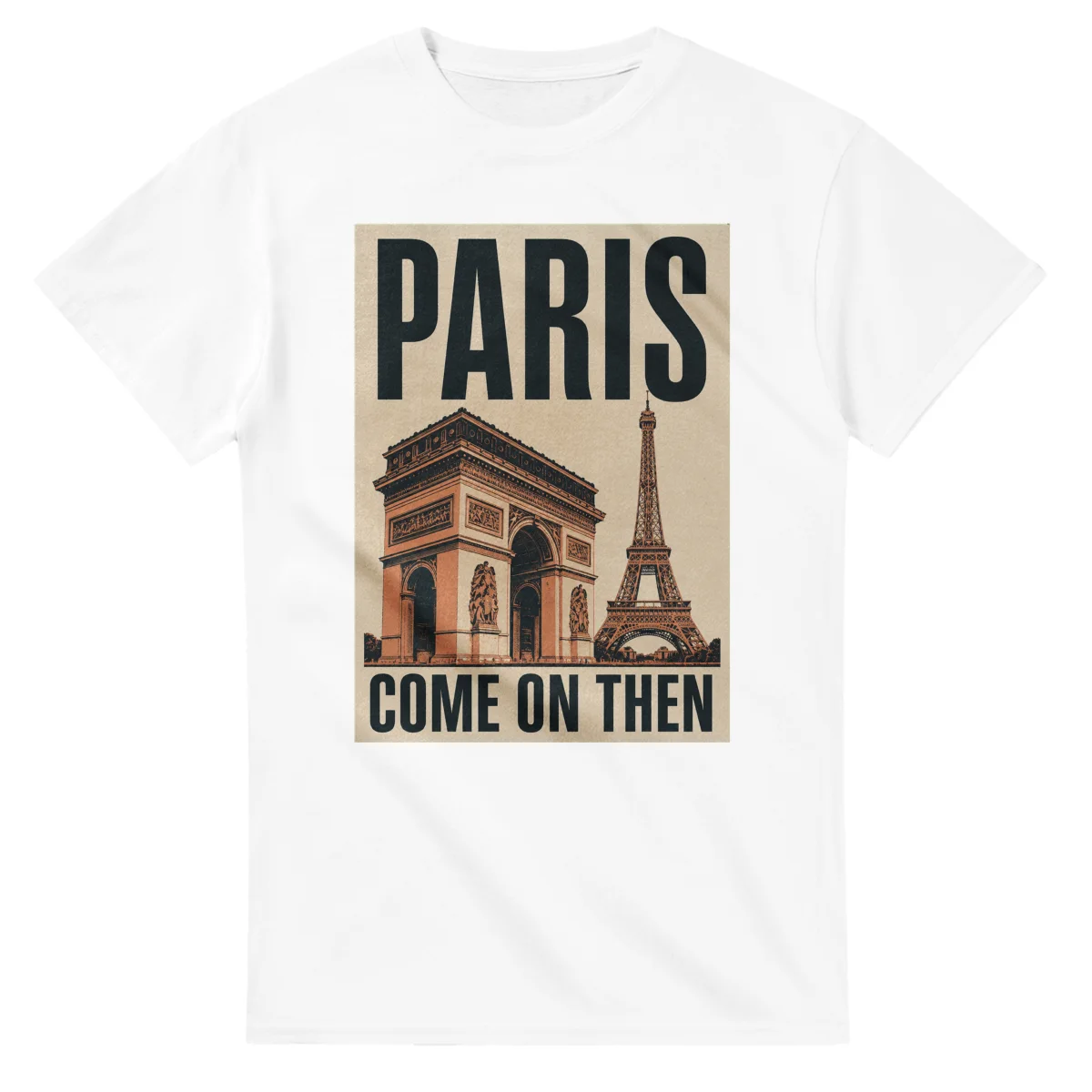 Two-colour scenic illustration for Paris, with the place name and COME ON THEN lettering.