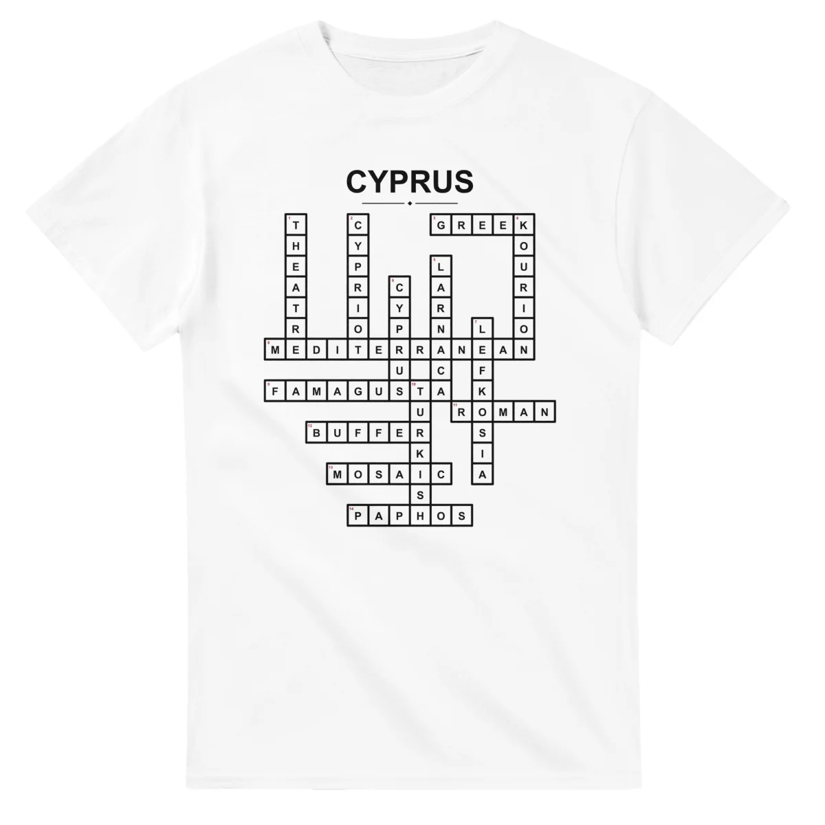 Monochrome crossword sheet for Cyprus, with a large place-name heading, a letter grid, and numbered across and down clues.