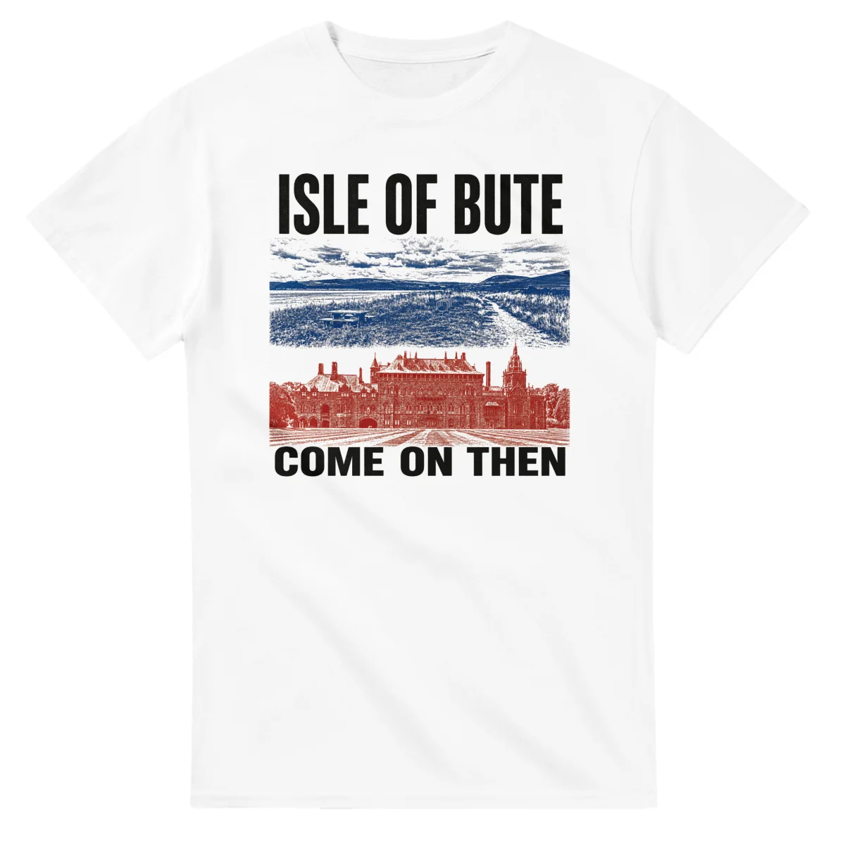 Two-colour scenic illustration for Isle of Bute, with the place name and COME ON THEN lettering.