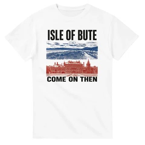 Two-colour scenic illustration for Isle of Bute, with the place name and COME ON THEN lettering.