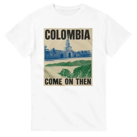 Two-colour scenic illustration for Colombia, with the place name and COME ON THEN lettering.