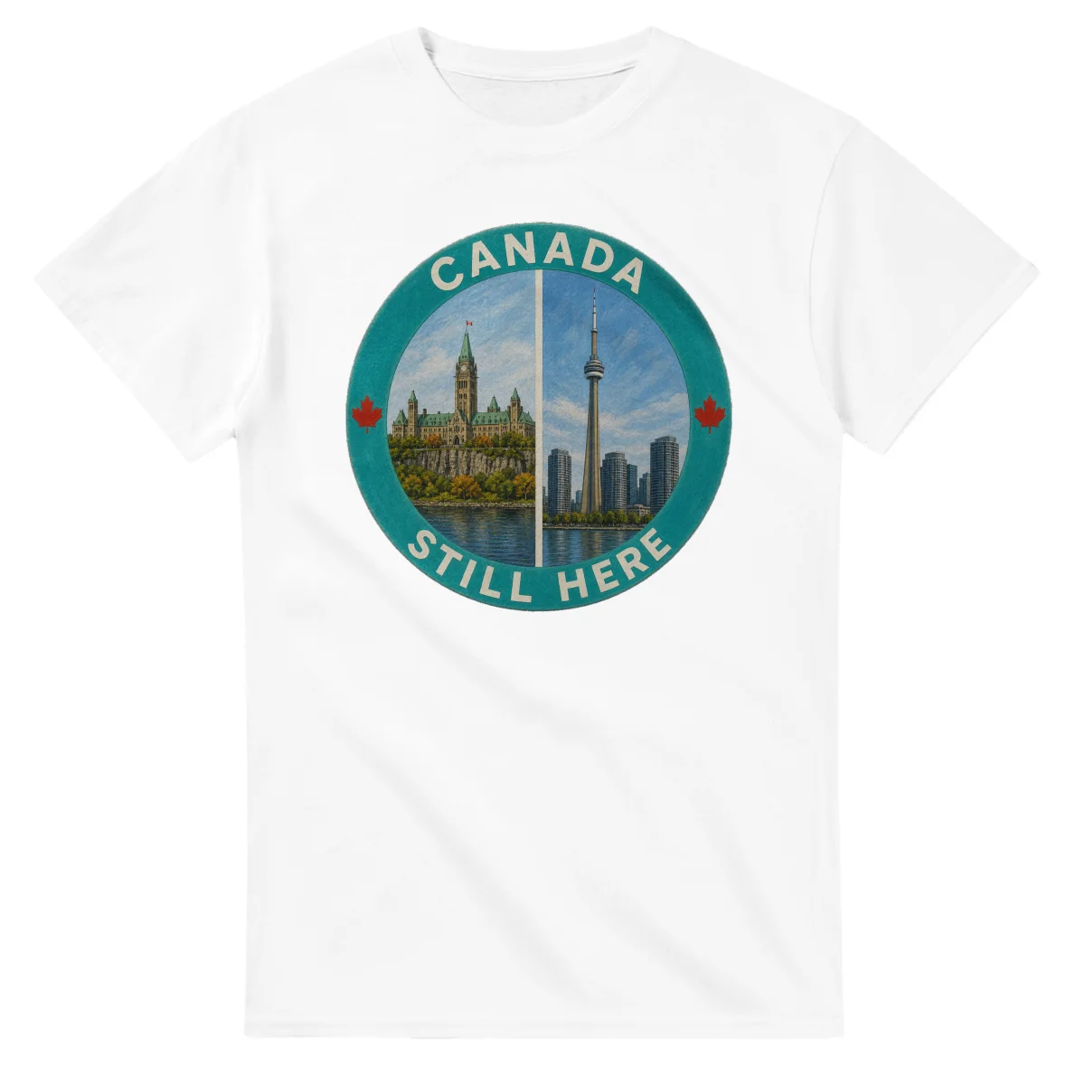 Painted, panelled scenic illustration for Canada, with paired local scenes and the place name in lettering.