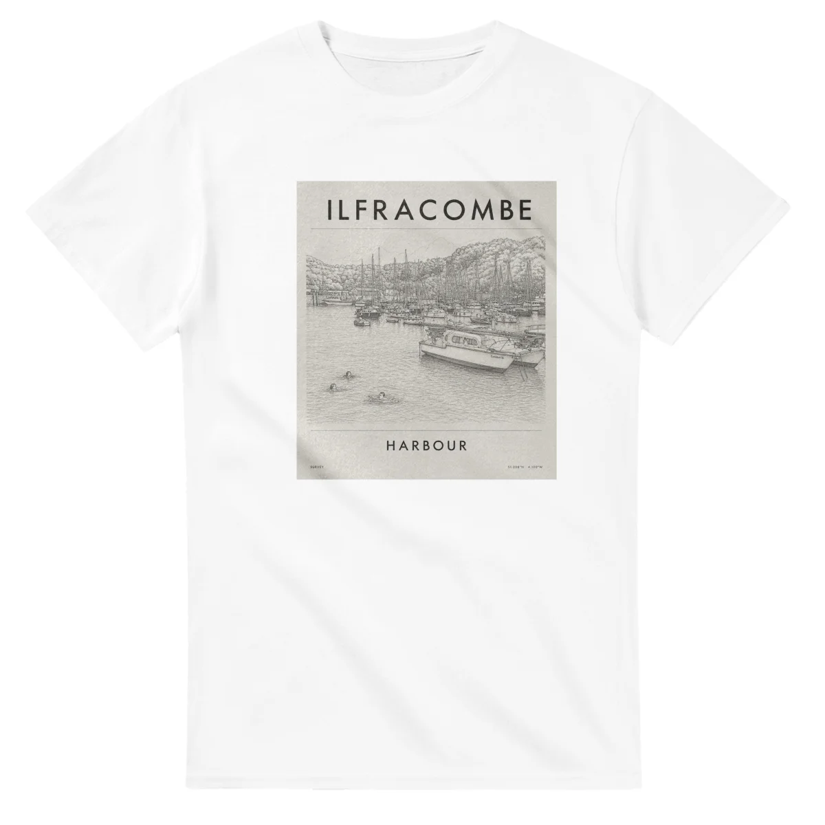 Fine-line engraving-style drawing for Ilfracombe, with a landmark caption and small coordinate text.