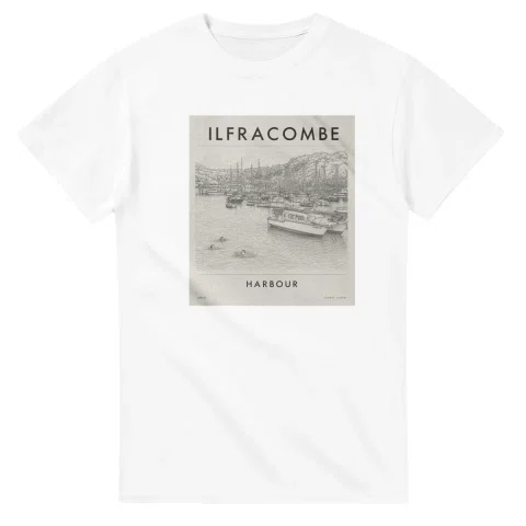 Fine-line engraving-style drawing for Ilfracombe, with a landmark caption and small coordinate text.
