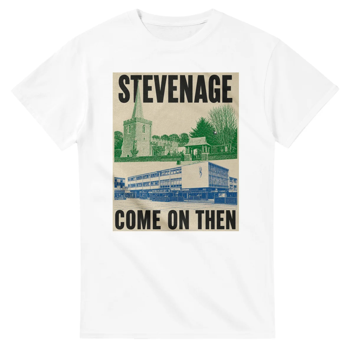 Two-colour scenic illustration for Stevenage, with the place name and COME ON THEN lettering.