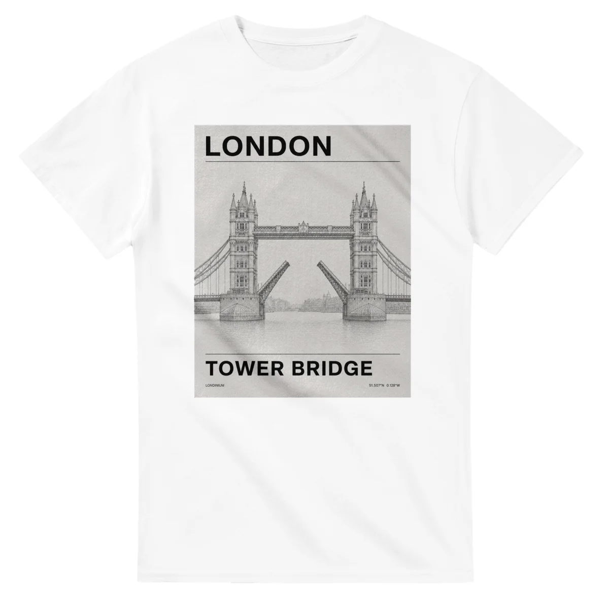 Fine-line engraving-style drawing for London, with a landmark caption and small coordinate text.