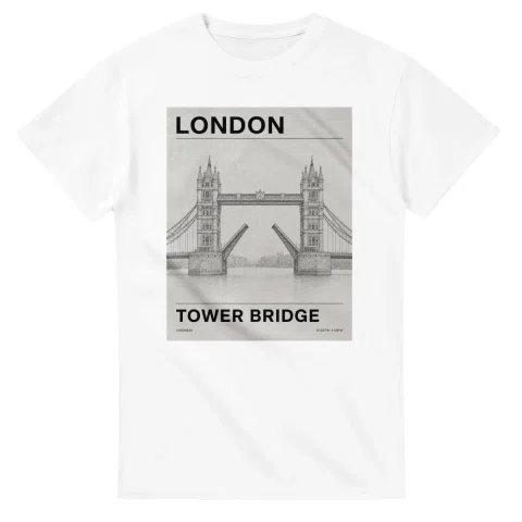 Fine-line engraving-style drawing for London, with a landmark caption and small coordinate text.