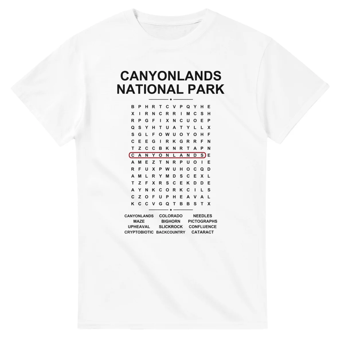 Word-search sheet for Canyonlands National Park, with a large place-name heading, a letter grid, a local answer list, and a red highlighted example word.