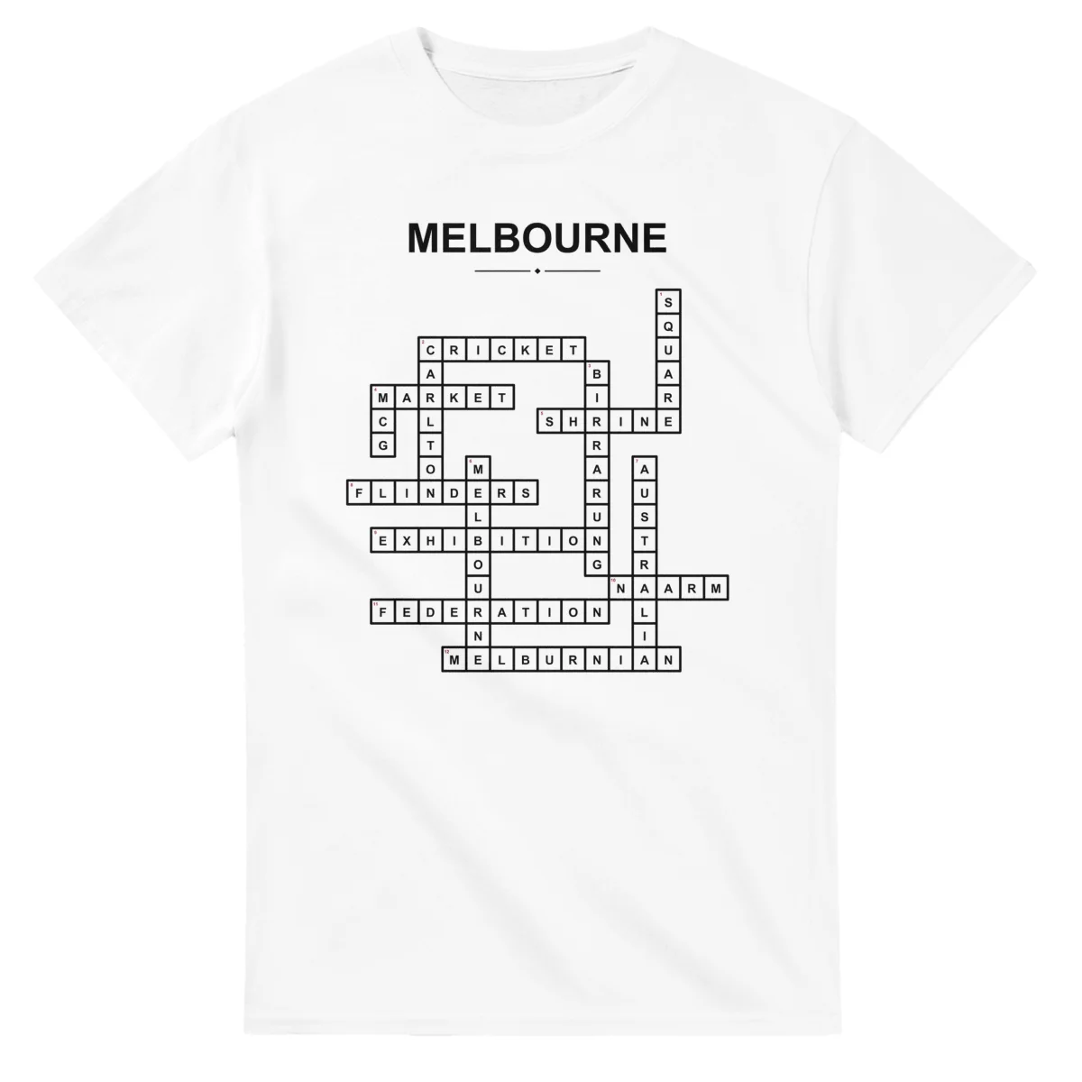 Monochrome crossword sheet for Melbourne, with a large place-name heading, a letter grid, and numbered across and down clues.