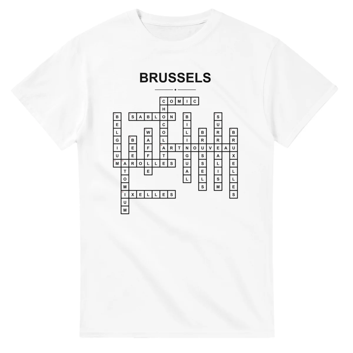 Monochrome crossword sheet for Brussels, with a large place-name heading, a letter grid, and numbered across and down clues.