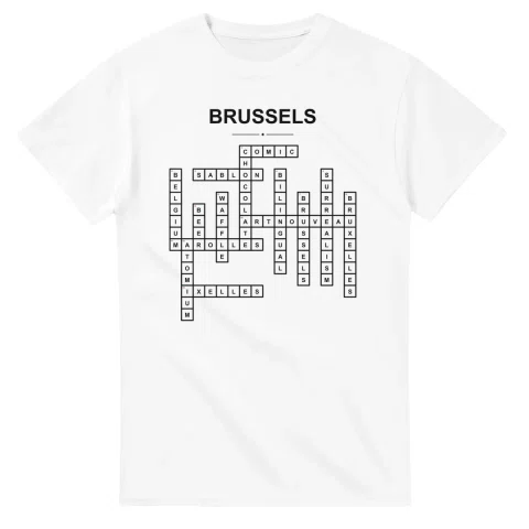 Monochrome crossword sheet for Brussels, with a large place-name heading, a letter grid, and numbered across and down clues.