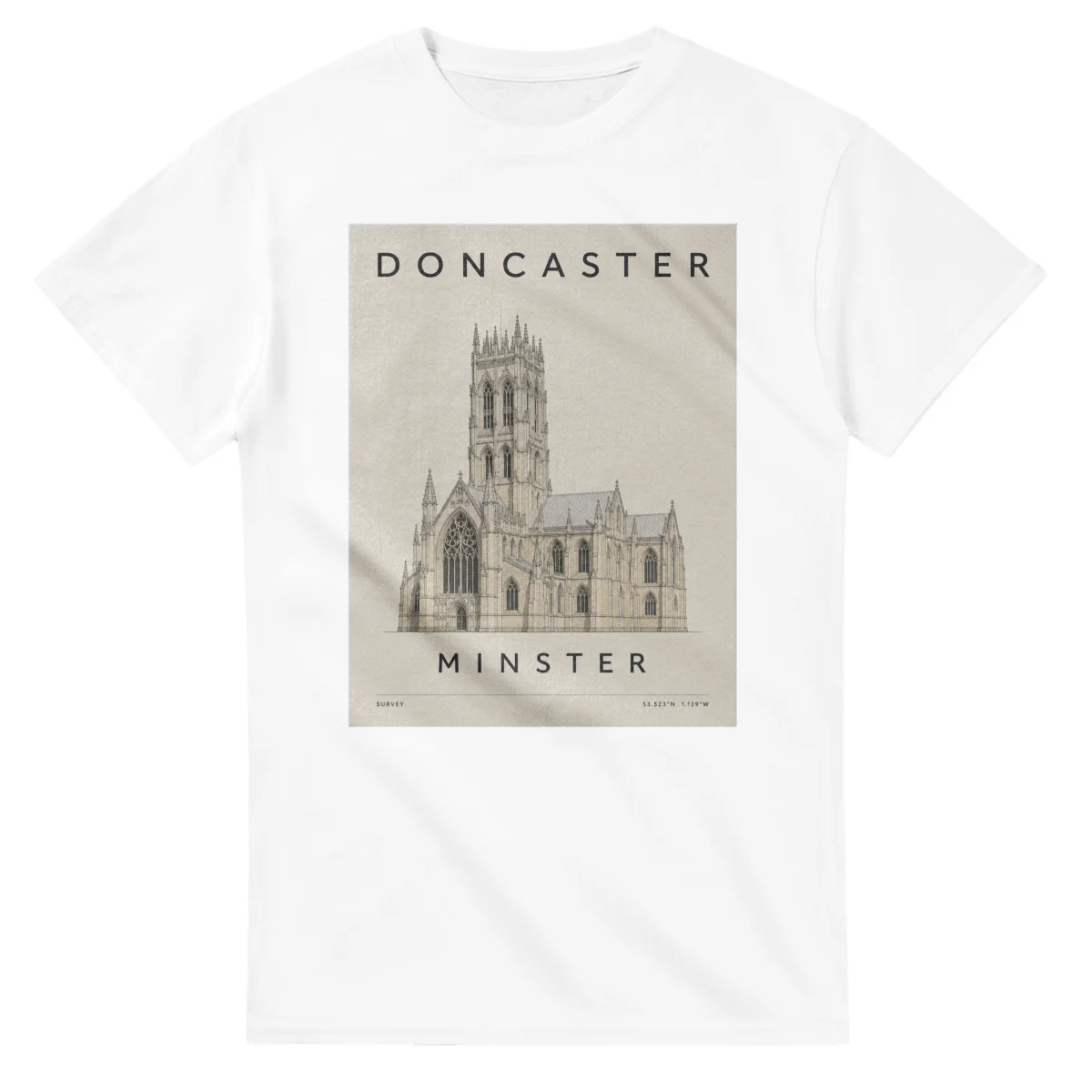 Fine-line engraving-style drawing for Doncaster, with a landmark caption and small coordinate text.