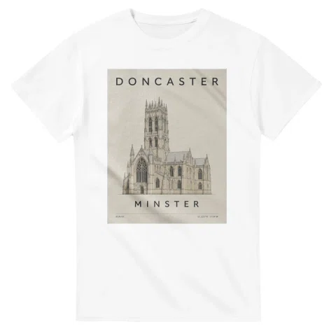 Fine-line engraving-style drawing for Doncaster, with a landmark caption and small coordinate text.