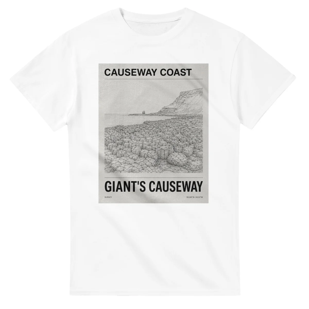 Fine-line engraving-style drawing for Causeway Coast, with a landmark caption and small coordinate text.