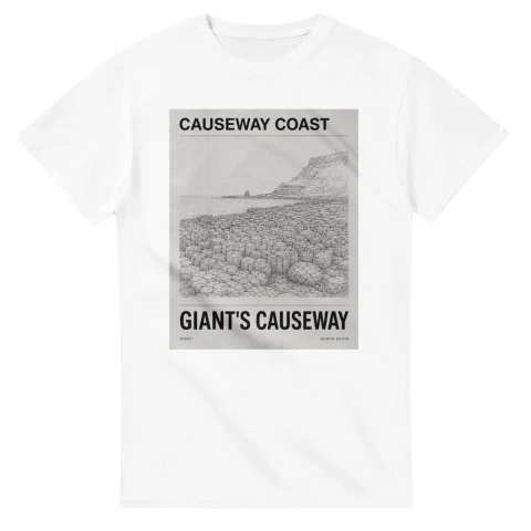 Fine-line engraving-style drawing for Causeway Coast, with a landmark caption and small coordinate text.