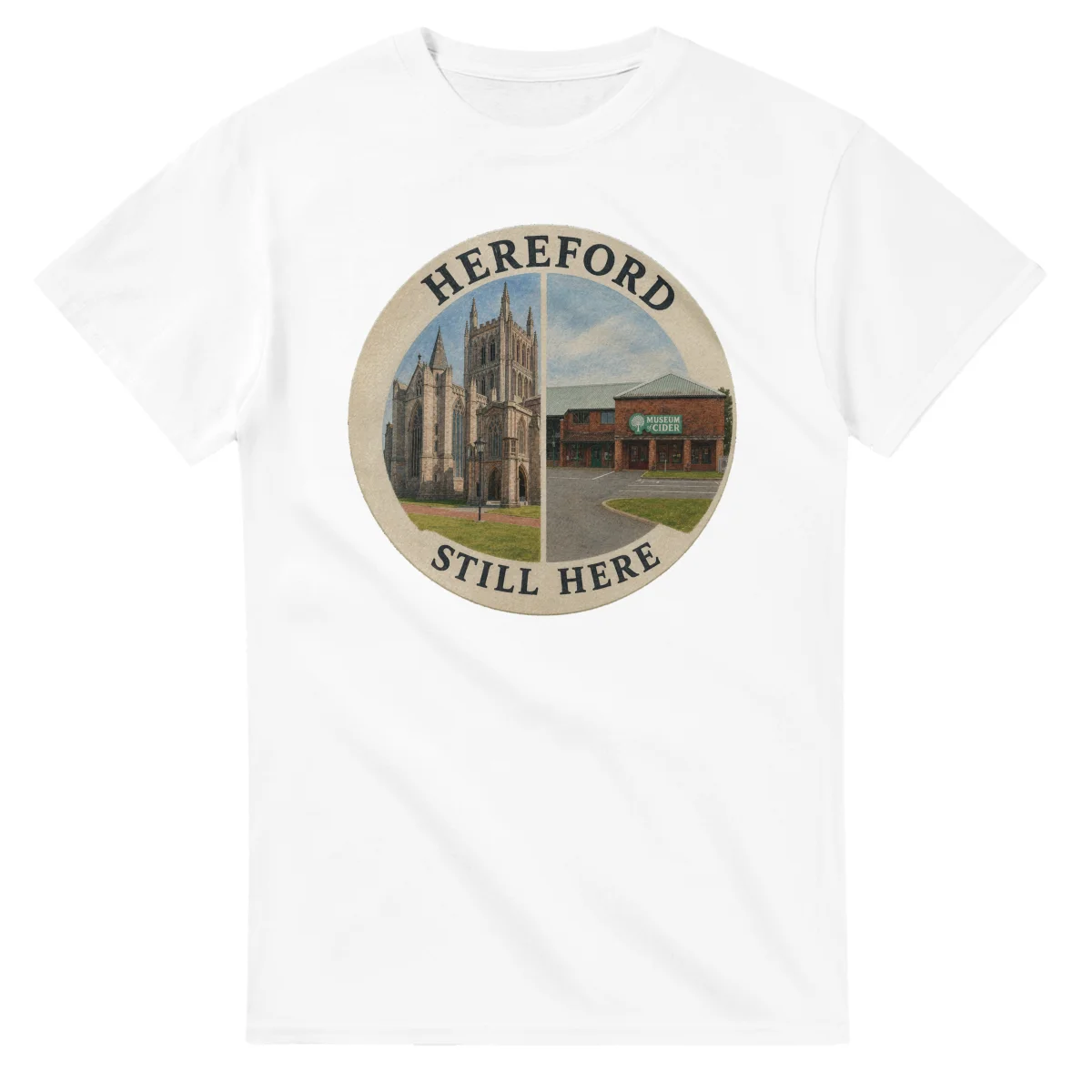 Painted, panelled scenic illustration for Hereford, with paired local scenes and the place name in lettering.