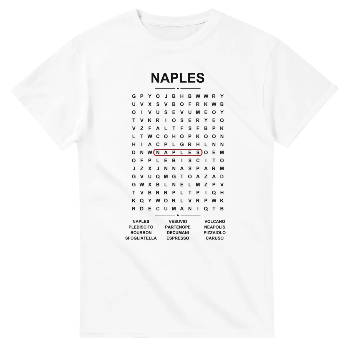 Word-search sheet for Naples, with a large place-name heading, a letter grid, a local answer list, and a red highlighted example word.
