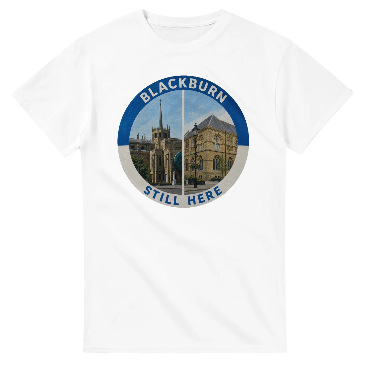 Painted, panelled scenic illustration for Blackburn, with paired local scenes and the place name in lettering.