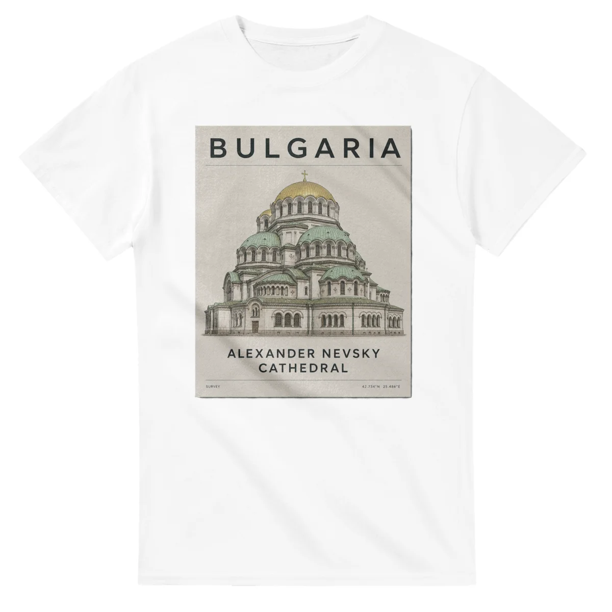 Fine-line engraving-style drawing for Bulgaria, with a landmark caption and small coordinate text.