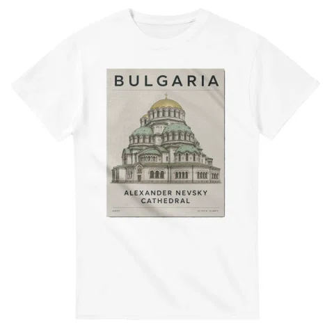 Fine-line engraving-style drawing for Bulgaria, with a landmark caption and small coordinate text.