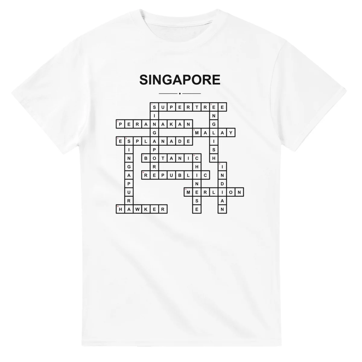 Monochrome crossword sheet for Singapore, with a large place-name heading, a letter grid, and numbered across and down clues.