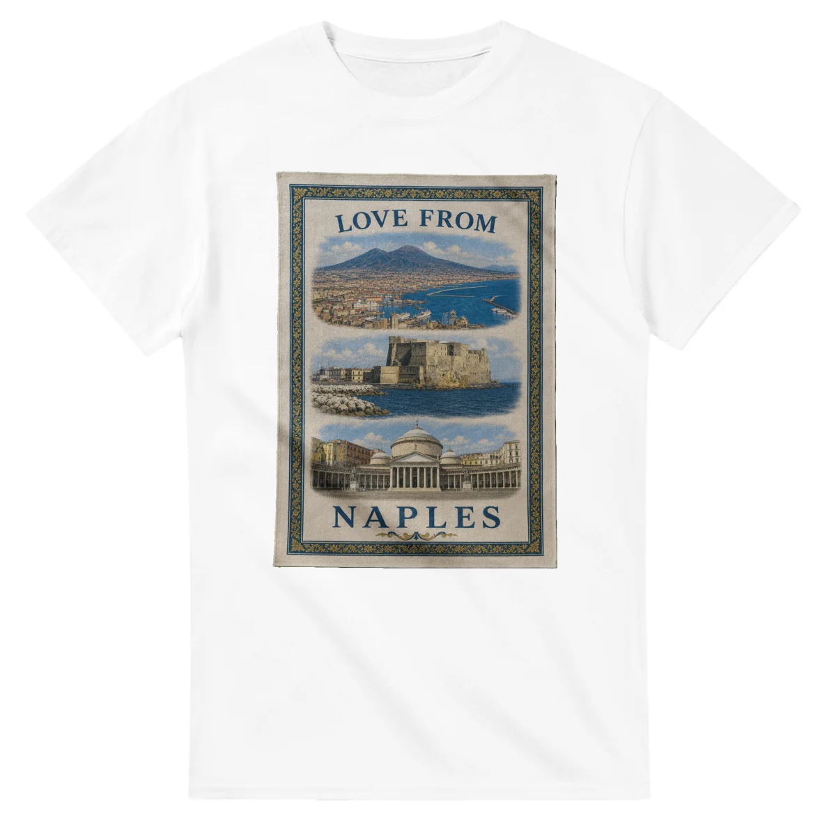 Framed scenic design for Naples, with several local views, a decorative border and LOVE FROM lettering.