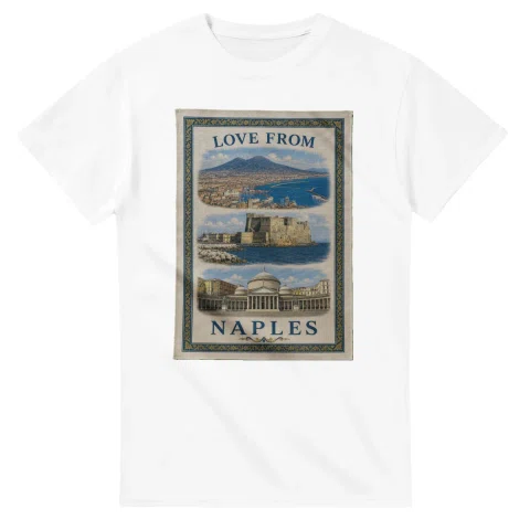Framed scenic design for Naples, with several local views, a decorative border and LOVE FROM lettering.