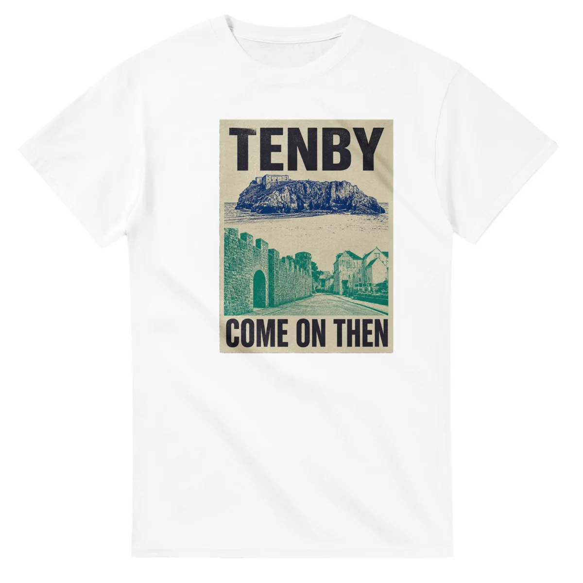 Two-colour scenic illustration for Tenby, with the place name and COME ON THEN lettering.