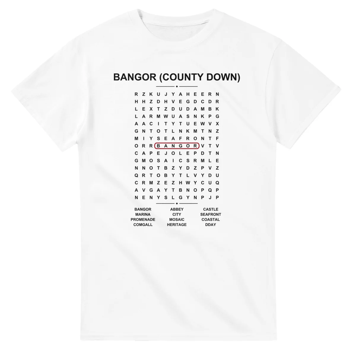 Word-search sheet for Bangor (County Down), with a large place-name heading, a letter grid, a local answer list, and a red highlighted example word.