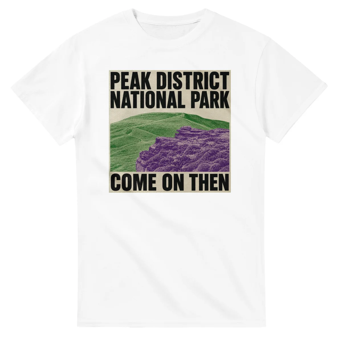 Two-colour scenic illustration for Peak District National Park, with the place name and COME ON THEN lettering.