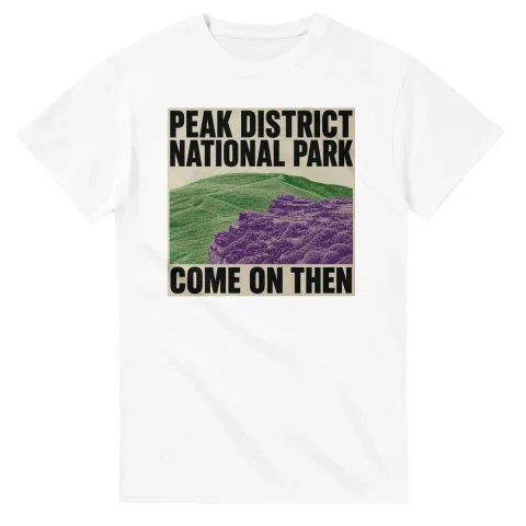 Two-colour scenic illustration for Peak District National Park, with the place name and COME ON THEN lettering.