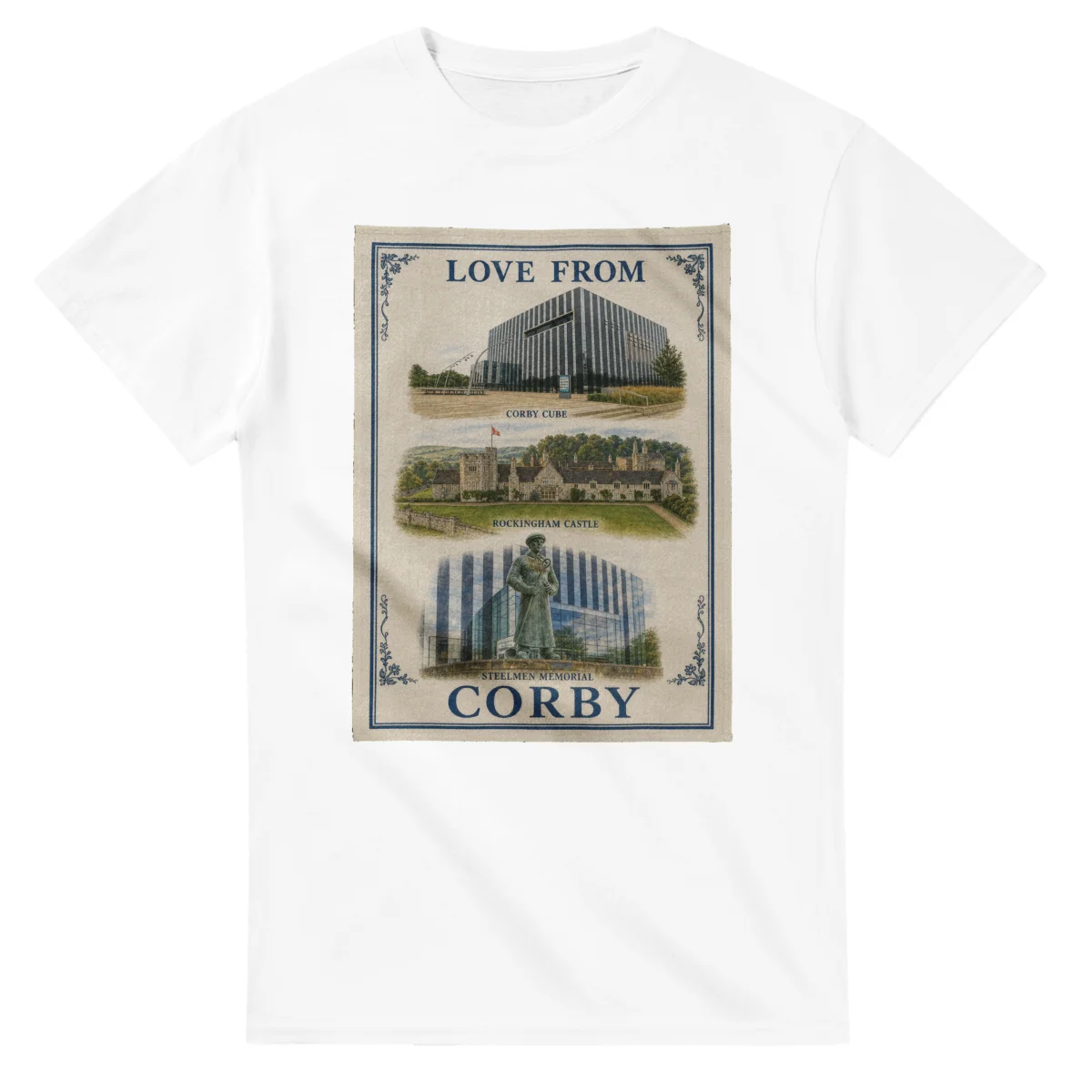 Framed scenic design for Corby, with several local views, a decorative border and LOVE FROM lettering.