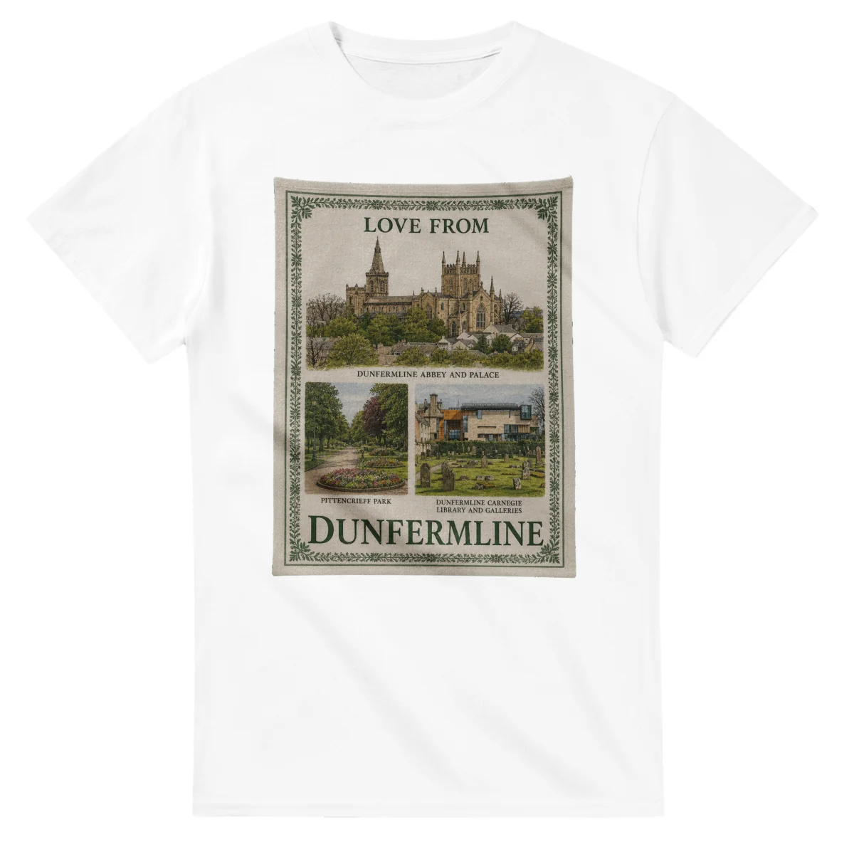 Framed scenic design for Dunfermline, with several local views, a decorative border and LOVE FROM lettering.
