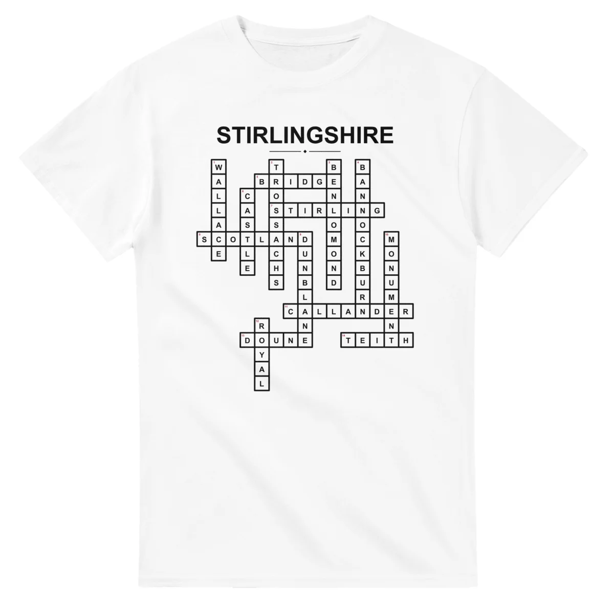 Monochrome crossword sheet for Stirlingshire, with a large place-name heading, a letter grid, and numbered across and down clues.
