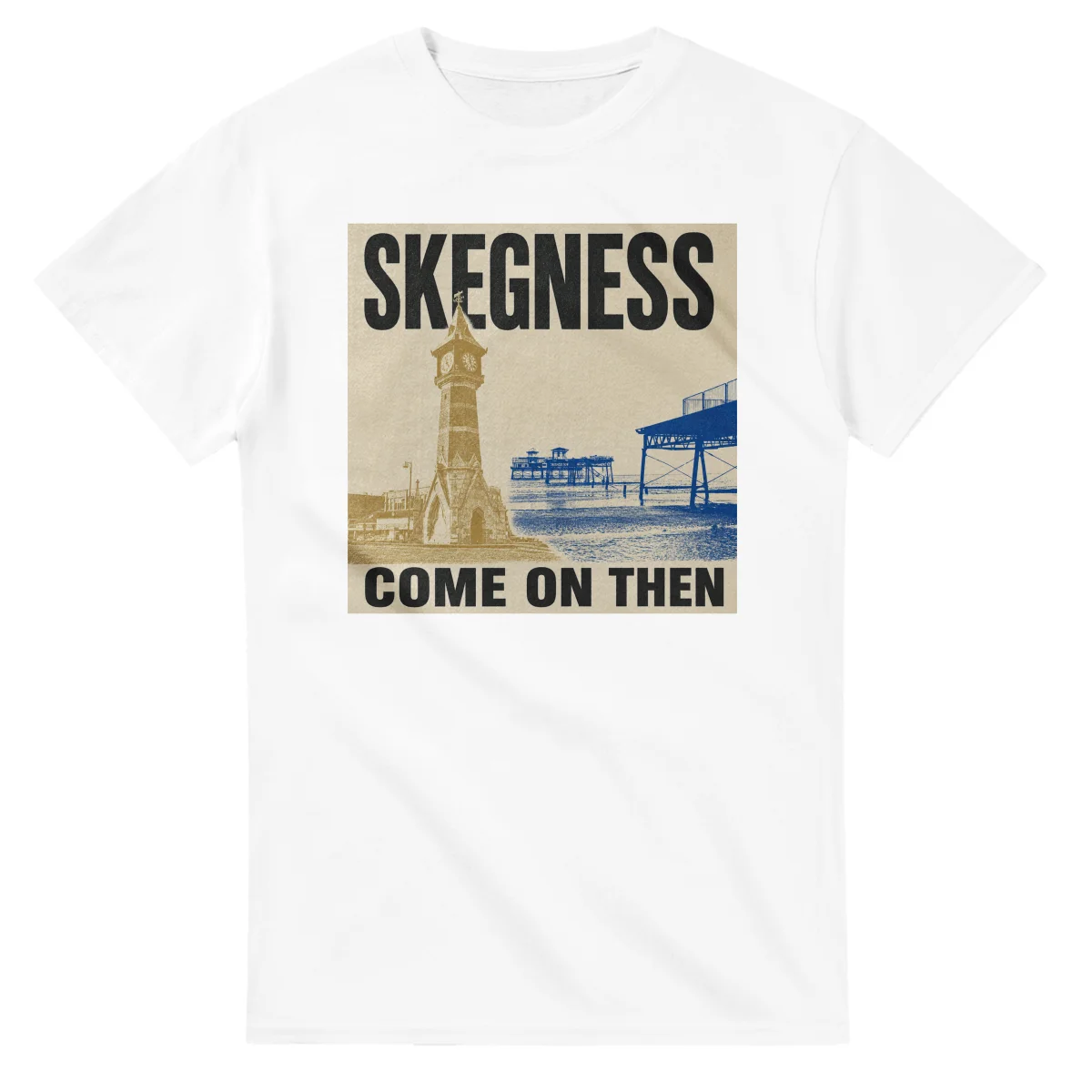 Two-colour scenic illustration for Skegness, with the place name and COME ON THEN lettering.